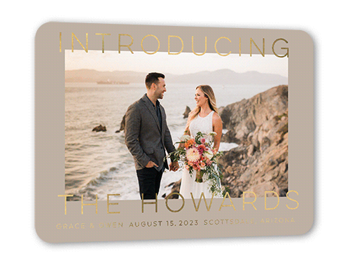 Big Intro Wedding Announcement, Beige, Gold Foil, 5x7, Matte, Personalized Foil Cardstock, Rounded, Rye