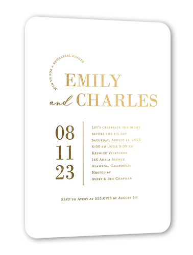 Adorned Accent Rehearsal Dinner Invitation, White, Gold Foil, 5x7, Matte, Personalized Foil Cardstock, Rounded, White