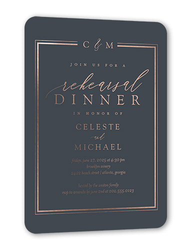 Sensational Shine Rehearsal Dinner Invitation, Gray, Rose Gold Foil, 5x7, Matte, Personalized Foil Cardstock, Rounded