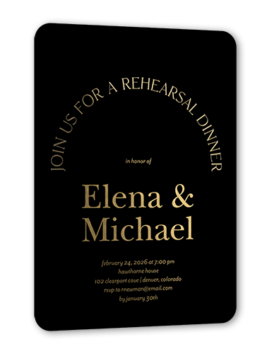 Luminous Cycle Rehearsal Dinner Invitation, Gold Foil, Black, 5x7, Matte, Personalized Foil Cardstock, Rounded, Black