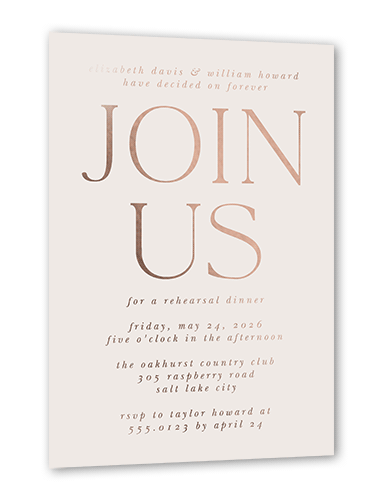 Brightly Joined Rehearsal Dinner Invitation, Beige, Rose Gold Foil, 5x7, Matte, Personalized Foil Cardstock, Square