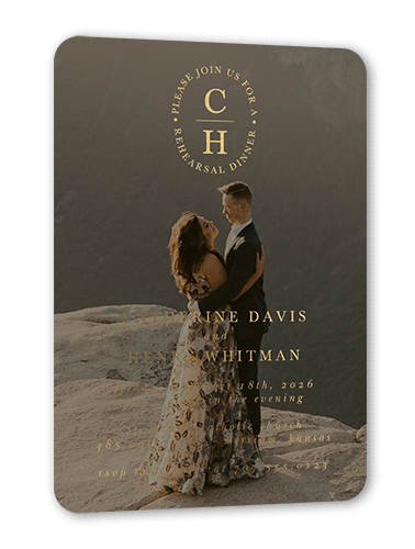 Polished Monogram Rehearsal Dinner Invitation, Gold Foil, Black, 5x7, Matte, Personalized Foil Cardstock, Rounded, Coal