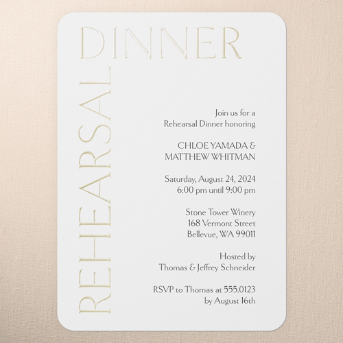 Gleaming Headline Rehearsal Dinner Invitation, Gold Foil, White, 5x7, Matte, Personalized Foil Cardstock, Rounded, White