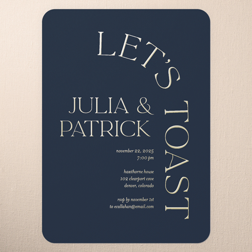 Modern Flow Rehearsal Dinner Invitation, Gold Foil, Blue, 5x7, Matte, Personalized Foil Cardstock, Rounded, Feather