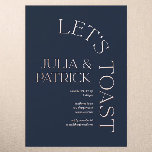 Modern Flow Rehearsal Dinner Invitation, Blue, Rose Gold Foil, 5x7, Matte, Personalized Foil Cardstock, Square, Feather