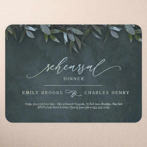 Laurel Embrace Rehearsal Dinner Invitation, Green, Iridescent Foil, 5x7, Matte, Personalized Foil Cardstock, Rounded