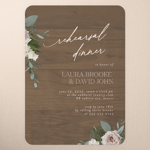 Classic Bouquet Rehearsal Dinner Invitation, Brown, Rose Gold Foil, 5x7, Matte, Personalized Foil Cardstock, Rounded