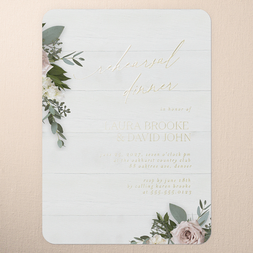 Classic Bouquet Rehearsal Dinner Invitation, White, Gold Foil, 5x7, Matte, Personalized Foil Cardstock, Rounded