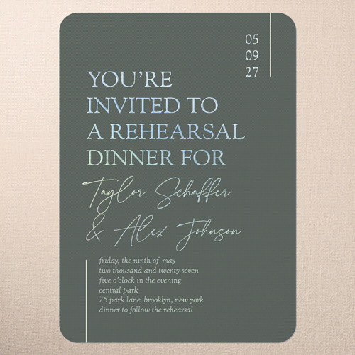 Divine Details Rehearsal Dinner Invitation, Iridescent Foil, Green, 5x7, Matte, Personalized Foil Cardstock, Rounded, Quarry