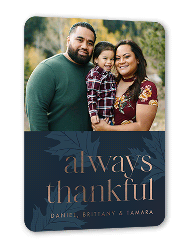 Autumn Gift Fall Greeting, Blue, Rose Gold Foil, 5x7, Matte, Personalized Foil Cardstock, Rounded, Midnight