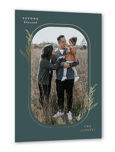 Oval Leaves Fall Greeting, Blue, Gold Foil, 5x7, Matte, Personalized Foil Cardstock, Square, Seafoam