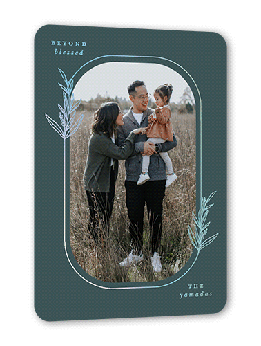 Oval Leaves Fall Greeting, Blue, Iridescent Foil, 5x7, Matte, Personalized Foil Cardstock, Rounded, Seafoam