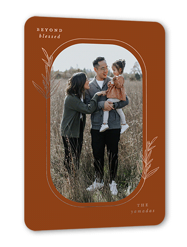 Oval Leaves Fall Greeting, Rose Gold Foil, Brown, 5x7, Matte, Personalized Foil Cardstock, Rounded