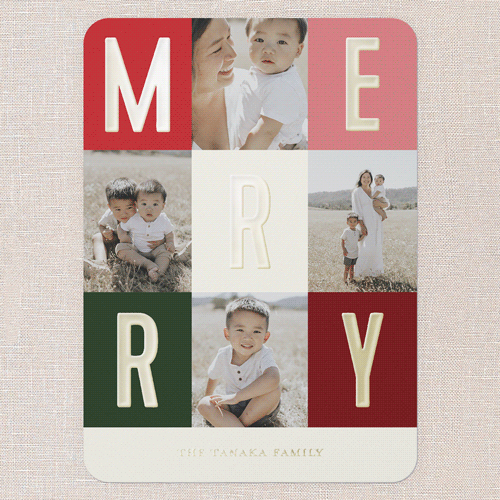 Modern Colorblock Merriment Christmas Card, Gold Foil, Red, 5x7, Christmas, Matte, Personalized Foil Cardstock, Rounded