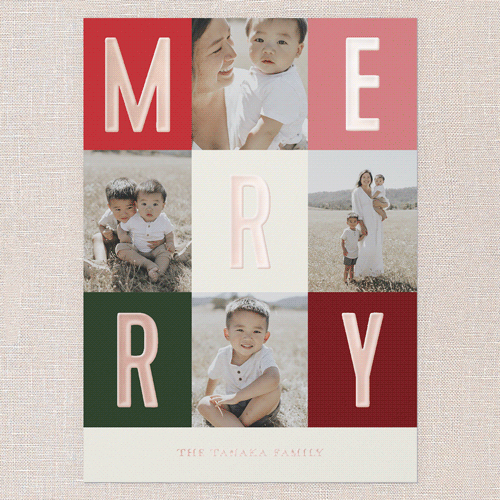 Modern Colorblock Merriment Christmas Card, Rose Gold Foil, Red, 5x7, Christmas, Matte, Personalized Foil Cardstock, Square