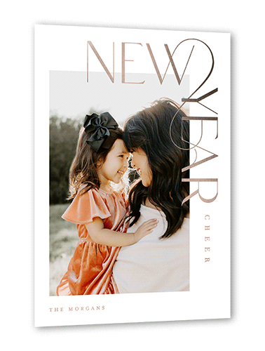 Refined Modern Type New Year's Card, Rose Gold Foil, White, 5x7, New Year, Matte, Personalized Foil Cardstock, Square