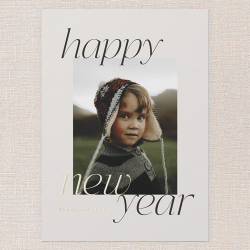 Minimal Joy New Year's Card, White, Gold Foil, 5x7, New Year, Matte, Personalized Foil Cardstock, Square, Almond