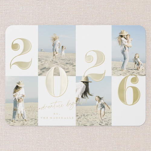 Adventure Grid New Year's Card, Beige, Gold Foil, 5x7, New Year, Matte, Personalized Foil Cardstock, Rounded, Limestone