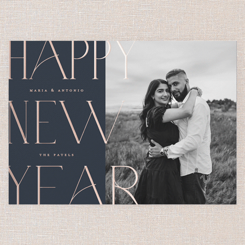 Typographic Shine New Year's Card, Rose Gold Foil, Blue, 5x7, New Year, Matte, Personalized Foil Cardstock, Square, Navy