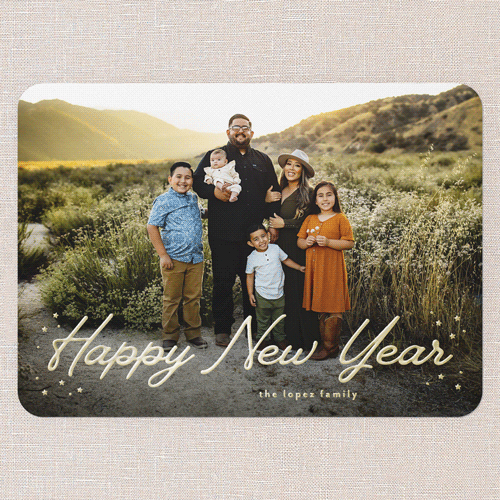 Golden Script Wishes New Year's Card, Gold Foil, Black, 5x7, New Year, Matte, Personalized Foil Cardstock, Rounded, Black