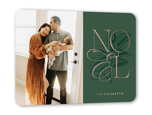 Classic Noel Religious Christmas Card, Green, Rose Gold Foil, 5x7, Religious, Matte, Personalized Foil Cardstock, Rounded
