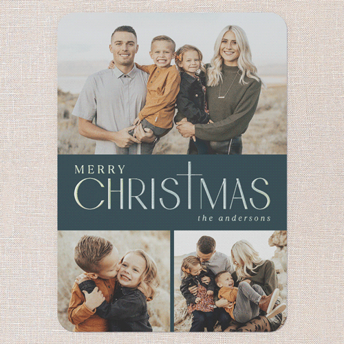 Yuletide Cross Religious Christmas Card, Iridescent Foil, Blue, 5x7, Religious, Matte, Personalized Foil Cardstock, Rounded, Blue