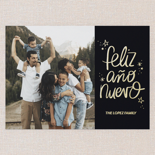 Joyful Year Tarjeta de Navidad, Black, Gold Foil, 5x7, Feliz Navidad, Matte, Personalized Foil Cardstock, Square, Black