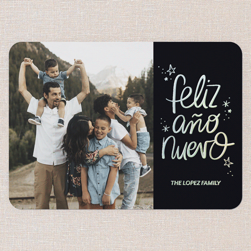 Joyful Year Tarjeta de Navidad, Black, Iridescent Foil, 5x7, Feliz Navidad, Matte, Personalized Foil Cardstock, Rounded, Black