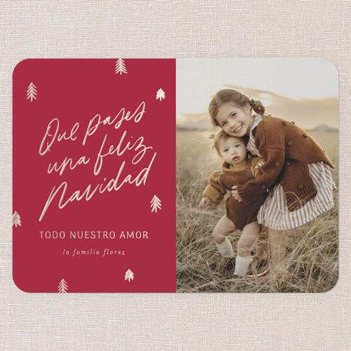Elegantly Earnest Tarjeta de Navidad, Rose Gold Foil, Red, 5x7, Feliz Navidad, Matte, Personalized Foil Cardstock, Rounded, Winterberry