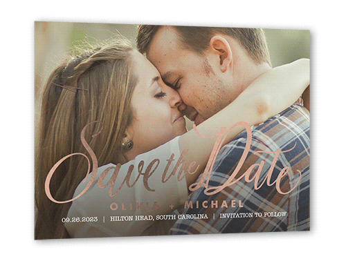Special Script Save The Date, Rose Gold Foil, White, 5x7, Matte, Personalized Foil Cardstock, Square