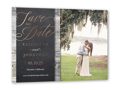 Wood Frame Save The Date, Grey, Rose Gold Foil, 5x7, Matte, Personalized Foil Cardstock, Square