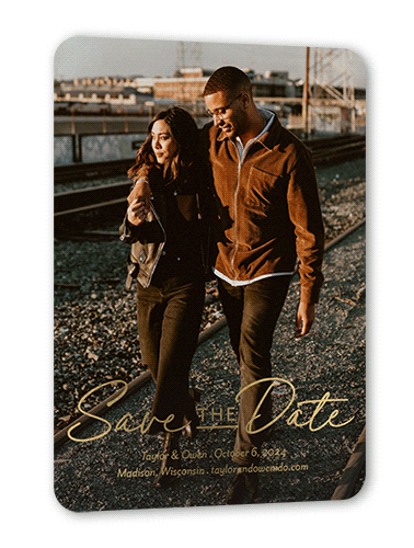 Fun Classic Save The Date, Gold Foil, Gray, 5x7, Matte, Personalized Foil Cardstock, Rounded