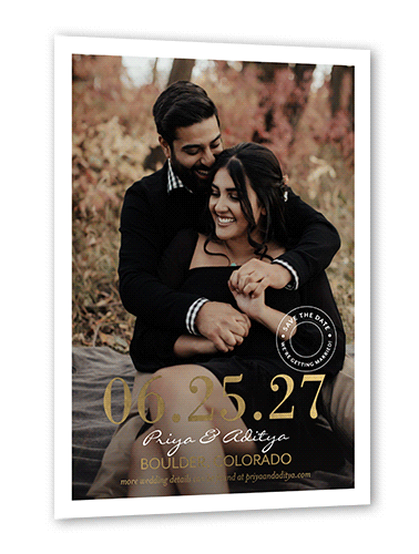 Stamped Day Save The Date, Gold Foil, White, 5x7, Matte, Personalized Foil Cardstock, Square