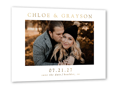 Minimal Styled Save The Date, White, Gold Foil, 5x7, Matte, Personalized Foil Cardstock, Square