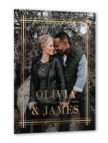 Set Stripe Save The Date, White, Gold Foil, 5x7, Matte, Personalized Foil Cardstock, Square, White