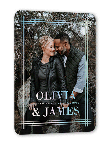 Set Stripe Save The Date, White, Iridescent Foil, 5x7, Matte, Personalized Foil Cardstock, Rounded, White