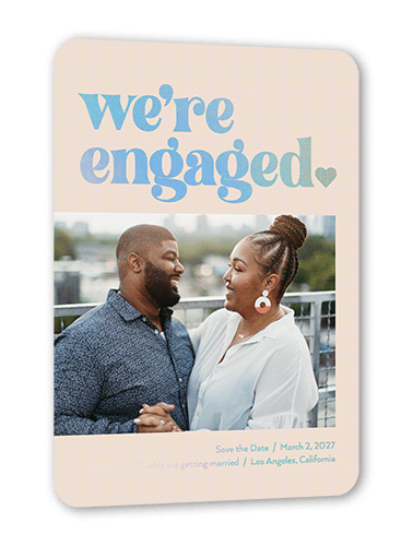 Boldly Engaged Save The Date, Iridescent Foil, Pink, 5x7, Matte, Personalized Foil Cardstock, Rounded, Blush