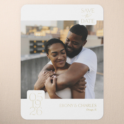 Lovely Essence Save The Date, White, Gold Foil, 5x7, Matte, Personalized Foil Cardstock, Rounded