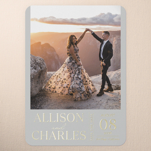 Charming Reminder Save The Date, Gray, Gold Foil, 5x7, Matte, Personalized Foil Cardstock, Rounded