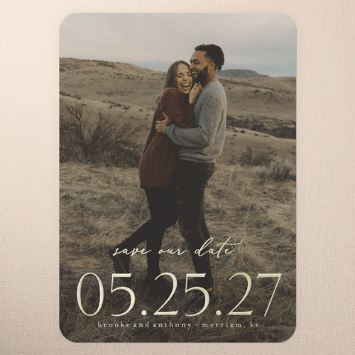 Date Saved Save The Date, White, Gold Foil, 5x7, Matte, Personalized Foil Cardstock, Rounded