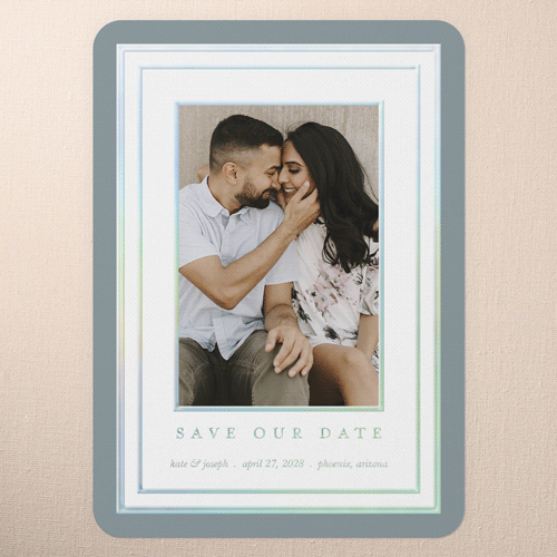 Encased Beauty Save The Date, Blue, Iridescent Foil, 5x7, Matte, Personalized Foil Cardstock, Rounded, Sea
