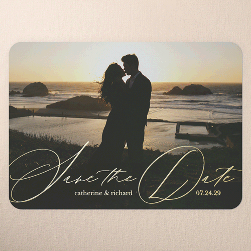 Sunset Promise Save The Date, White, Gold Foil, 5x7, Matte, Personalized Foil Cardstock, Rounded, White
