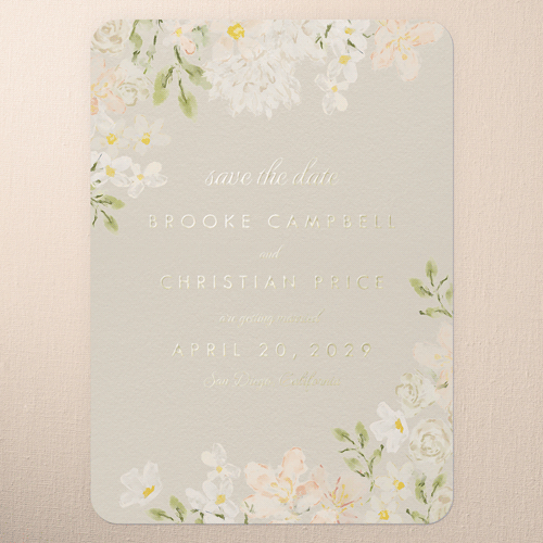 Painted Enclosure Save The Date, Gold Foil, Pink, 5x7, Matte, Personalized Foil Cardstock, Rounded, Blush