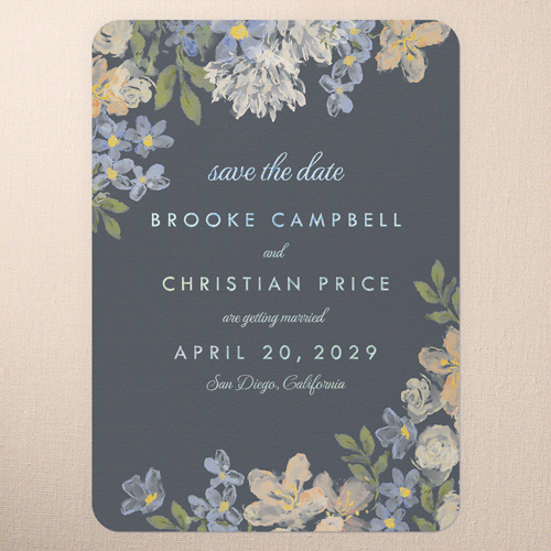 Painted Enclosure Save The Date, Grey, Iridescent Foil, 5x7, Matte, Personalized Foil Cardstock, Rounded, Burnt Ash
