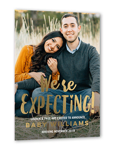 We're Expecting Pregnancy Annoucement, White, Gold Foil, 5x7, Matte, Personalized Foil Cardstock, Square