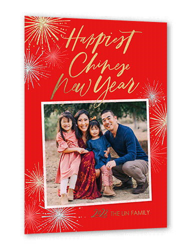 Bold Fireworks Lunar New Year Card, Gold Foil, Red, 5x7, Matte, Personalized Foil Cardstock, Square, Tomato
