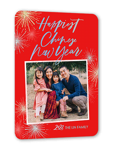 Bold Fireworks Lunar New Year Card, Red, Iridescent Foil, 5x7, Matte, Personalized Foil Cardstock, Rounded, Tomato