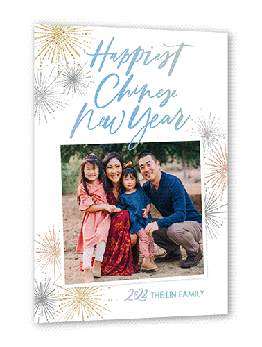 Bold Fireworks Lunar New Year Card, White, Iridescent Foil, 5x7, Matte, Personalized Foil Cardstock, Square