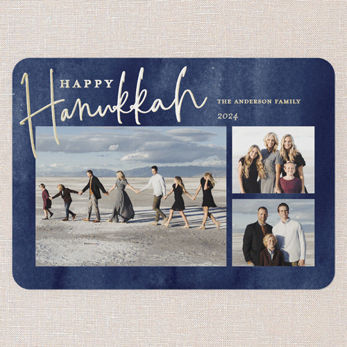 Painted Snow Hanukkah Card, Gold Foil, Blue, 5x7, Hanukkah, Matte, Personalized Foil Cardstock, Rounded