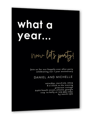 A Year To Party Wedding Anniversary Invitation, Black, Gold Foil, 5x7, Matte, Personalized Foil Cardstock, Square